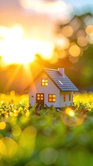Miniature house nestled in green, bathed in golden sunlight. Cozy, idyllic scene
