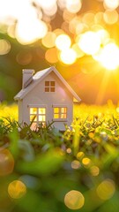 Tiny house model bathed in golden sunlight amidst green grass. Warm, inviting scene