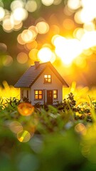 Miniature house bathed in golden sunset, sitting in lush green grass