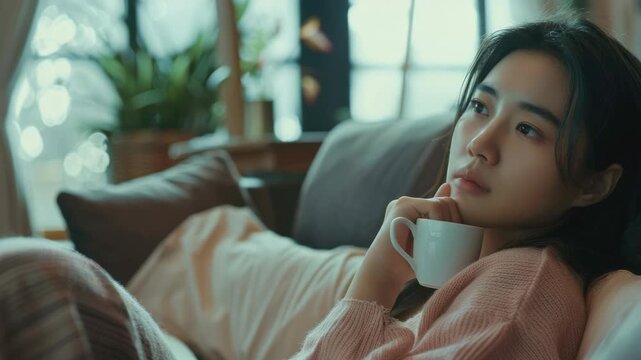 A woman sitting on a couch with her hand resting on her chin and holding a coffee cup in the other hand. She is dressed casually and appears to be deep in thought or daydreaming.