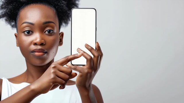 Portrait of a woman taking a selfie with her smartphone, holding it up in front of her face, against a plain backdrop.