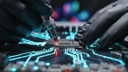 Closeup of a skilled engineer or technician wearing black gloves meticulously installing a microchip onto a glowing circuit board highlighting advanced computer hardware assembly and futuristic elect.