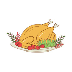 Roasted Turkey on Plate with Cranberries and Herbs Vector