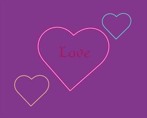 A vibrant purple background showcases three outlined hearts and the word love