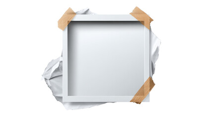 3D Polaroid frame with torn paper tape at the corners, realistic shadows isolated on a Transparent background, PNG file.