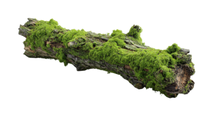 3D render of a green moss-covered tree branch log, on clean isolated on a Transparent background, PNG file.