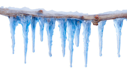 Blue icicles hanging from a tree branch isolated on white background, a frozen winter nature detail, cold weather ice crystals close-up.