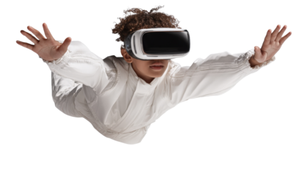3D render of a youthful individual wearing virtual reality headset, floating on white isolated on a Transparent background, PNG file.