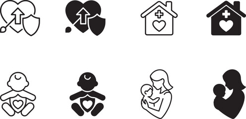 Comprehensive health and family care protection icons providing essential medical and maternal wellbeing symbols for various design needs