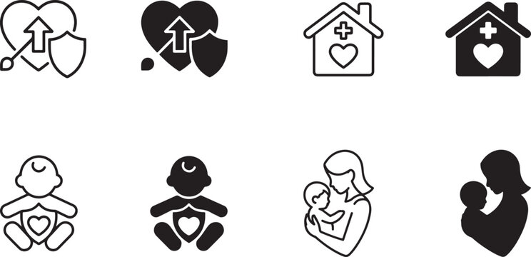 Comprehensive health and family care protection icons providing essential medical and maternal wellbeing symbols for various design needs