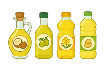 Set of various cooking oils in bottles including coconut, olive, canola, and peanut oil