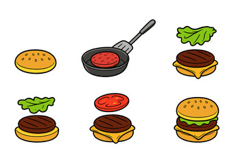 Step-by-step preparation of a double cheeseburger showing all ingredients