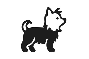 Cute small dog standing sideways with fluffy coat and tail up in black and white style