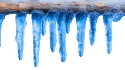 Frozen blue icicles on a wooden branch isolated on white background, a cold winter ice concept, a detailed frost texture, a seasonal design element.