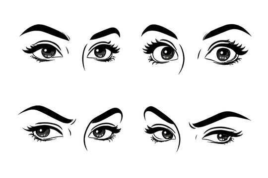 Eight pairs of expressive female eyes with dramatic eyelashes and bold eyebrows