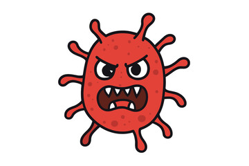 Furious red microorganism mascot with sharp teeth and menacing expression