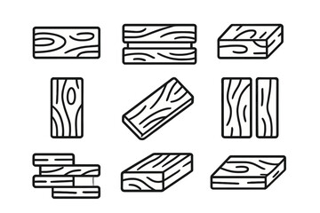 Stylized wood plank icons set for construction, carpentry, and building design