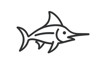 Minimalist black outline drawing of a marlin or swordfish swimming marine animal