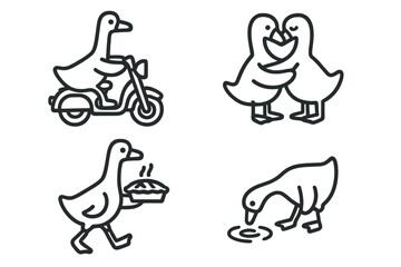 Humorous outline ducks riding a motorbike, hugging, carrying a pie, and drinking water