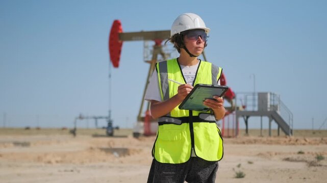caucasian field inspector logging digital readings on tablet by pumpjack, wearing reflective vest and safety helmet, concentrating on equipment metrics and environmental conditions in open oilfield