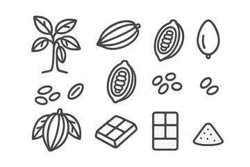 Various elements related to cocoa production including the plant, pod, bean, and finished chocolate bar
