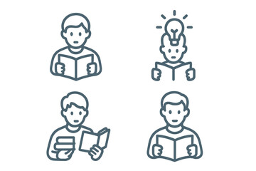 Outline icons set featuring people reading books and acquiring knowledge or new ideas