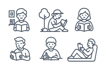 People reading books studying and learning activities outline icons