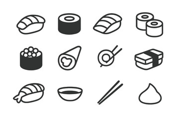 Minimalist black and white symbols for Japanese sushi and dining elements © Andrei