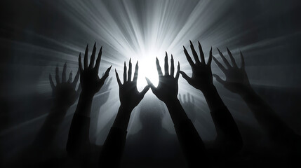 Dark horror abstract scene featuring multiple human hand silhouettes reaching towards the viewer behind frosted glass.