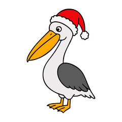Dibujo sencillo con líneas de pelícano simpático con sombrero de Santa Claus para tarjetas y felicitaciones de Navidad © teracreonte