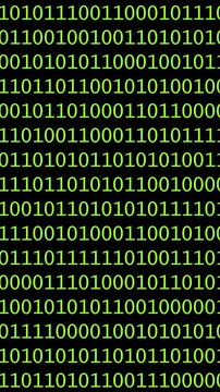 This design features a vibrant abstract background filled with binary code, showcasing rows of ones and zeros against a black backdrop. The digital aesthetic emphasizes technology, vertical footage