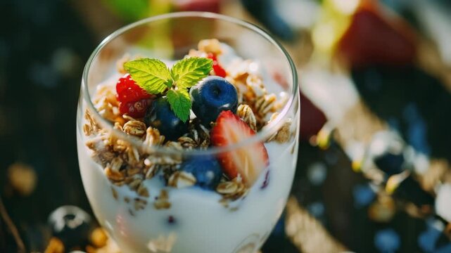 A vibrant parfait of fresh berries, creamy yogurt, and crunchy granola in a clear glass bowl, presented on a rustic wooden table adorned with more fruit and leaves.