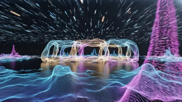 Dynamic Digital Landscape with Illuminated Wireframe Mountains and Sparkling Particles