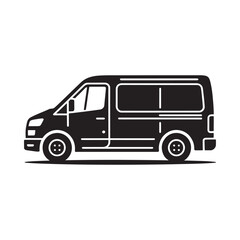 A simple black and white silhouette of a modern commercial van vehicle