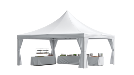 3d event tent with table for products background isolated on a Transparent background, PNG file.