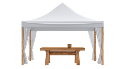 3d foldable display tent with wooden table background isolated on a Transparent background, PNG file.