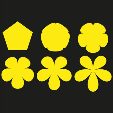 Abstract flower shapes. Yellow petal forms. Geometric bloom Vector. Dark background element.