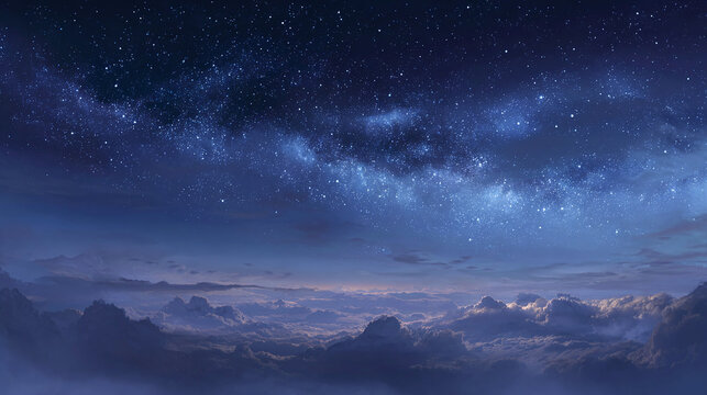 A breathtaking view of a star-studded sky, with clouds below and an amazing sky 