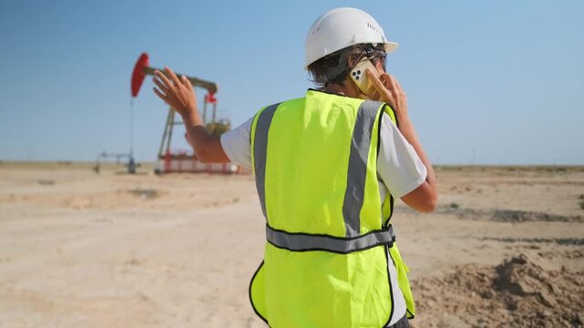 caucasian field representative on phone gesturing toward pumpjack, wearing safety helmet and neon vest, signaling urgent update and coordinating response across remote oil production site in bright
