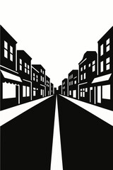 Fototapeta premium Black and White City Street Silhouette Vector with Shops and Buildings