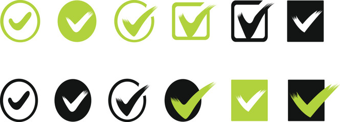 Checkmark icons set green black circle square outline filled brush stroke design elements for approval selection confirmation