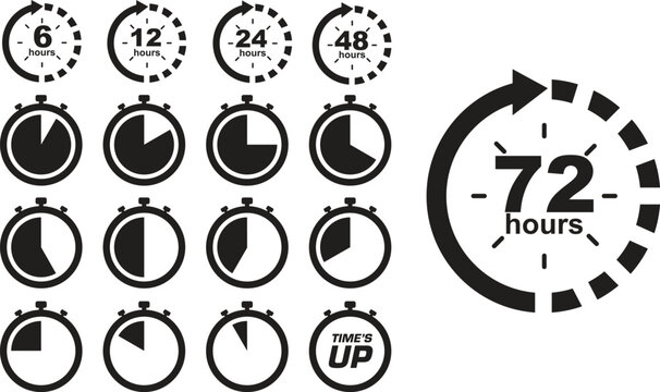 Time countdown icons set 6 12 24 48 72 hours stopwatch progress indicators deadline urgency timer symbols