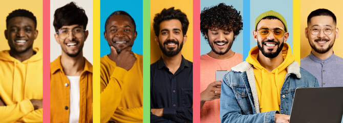 A group of young men stands on a vibrant set with colorful backgrounds. They smile, pose, and...