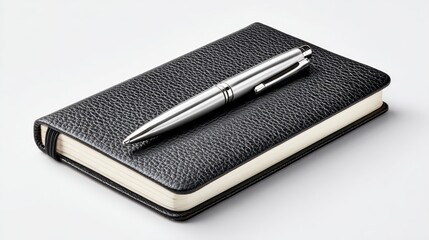 A sleek pen rests on a textured black notepad