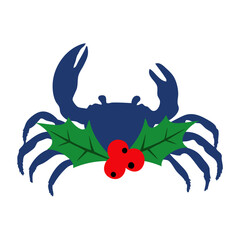 Logo con silueta de cangrejo con hojas y bayas de acebo para tarjetas y felicitaciones de Navidad