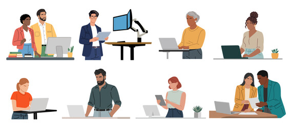 Naklejka na ściany i meble Set of diverse professionals working in separate modern office scenes with desks, laptops, and collaboration. Flat minimalist vector illustrations isolated on transparent background 