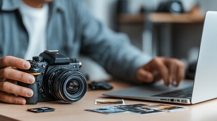 Photographer edits photos on laptop, camera on table, shallow focus