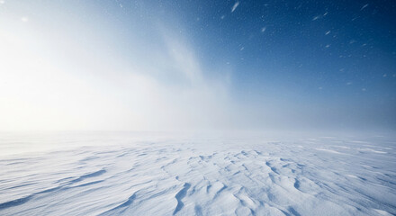 Obraz premium Wide shot of snow-covered field under a blue, overcast sky. Snowflakes are visible, symbolizing winter landscapes and cold temperatures.