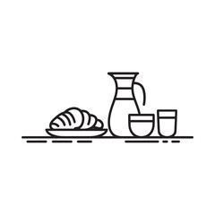 Simple line drawing of breakfast items croissants a pitcher and glasses