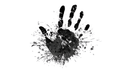 Black hand silhouette print with splatter effect background isolated on a Transparent background, PNG file.